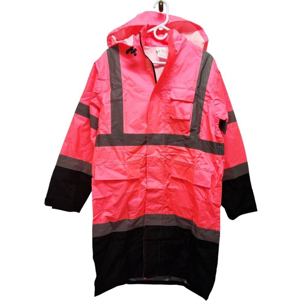 High-Visibility Pink Raincoat With Hood & Reflective Stripes Size S